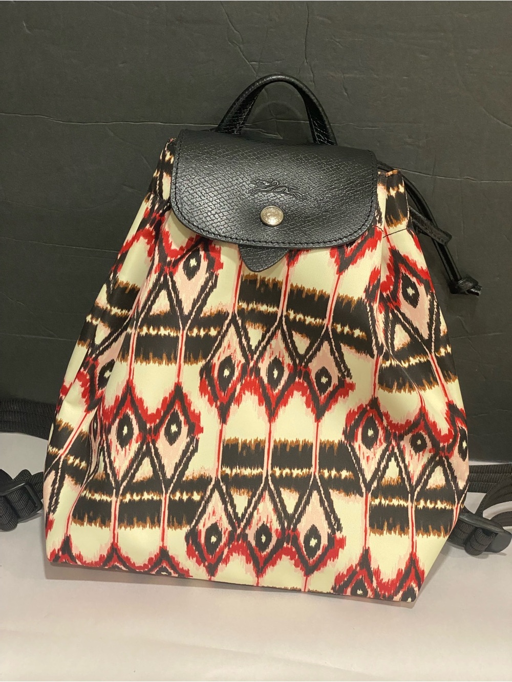 AUTHENTIC LONGCHAMP LE PLIAGE 'IKAT' PRINT BACKPACK - IVORY RED BLACK